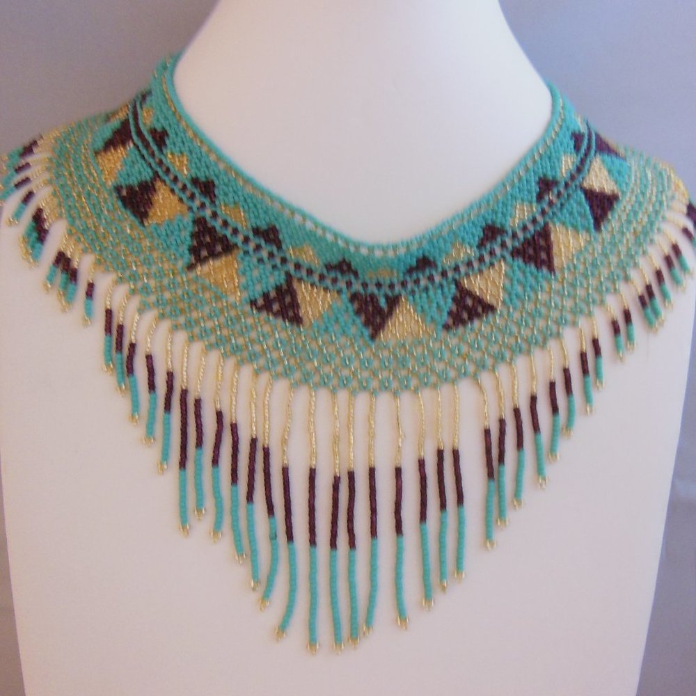 Handmade Mexican Huichol Chaquira Necklace Turquoise, Brown, & Gold Color New